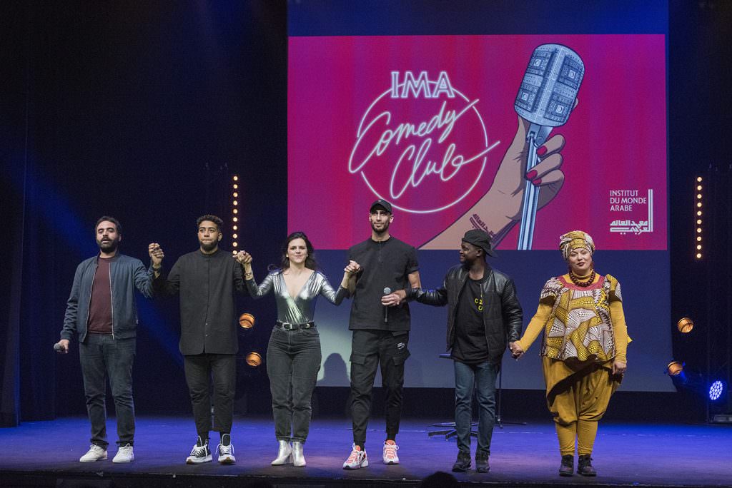 Soirée d'ouverture de l'IMA Comedy Club: de gauche à droite Wary Nichen, Nordine Ganso, Laura Domenge, Ayoub Marceau, Observateur Ebène et Samia Orosemane.